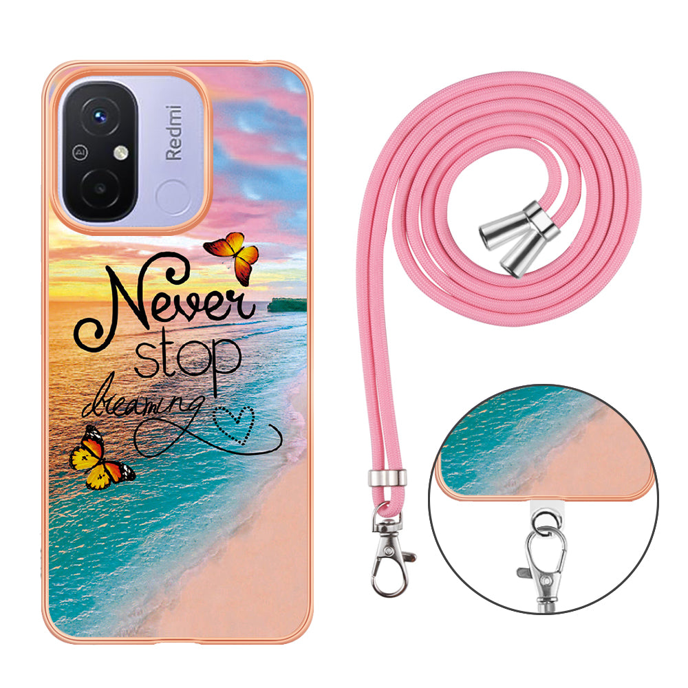 YB IMD Series-4 for Xiaomi Redmi 12C 4G / 11A 4G TPU Cell Phone Case Electroplating Marble Flower Pattern IMD Cover with Lanyard - Never Stop Dreaming