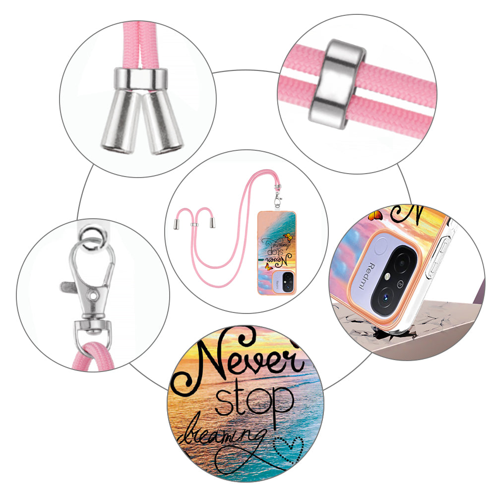 YB IMD Series-4 for Xiaomi Redmi 12C 4G / 11A 4G TPU Cell Phone Case Electroplating Marble Flower Pattern IMD Cover with Lanyard - Never Stop Dreaming