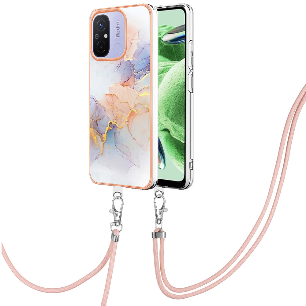 YB IMD Series-4 for Xiaomi Redmi 12C 4G / 11A 4G TPU Cell Phone Case Electroplating Marble Flower Pattern IMD Cover with Lanyard - Milky Way Marble White