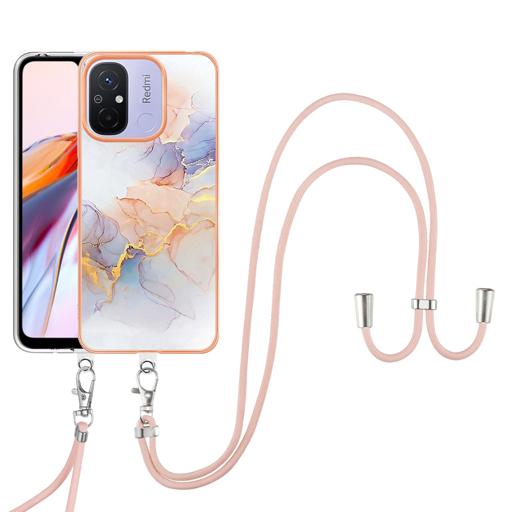 YB IMD Series-4 for Xiaomi Redmi 12C 4G / 11A 4G TPU Cell Phone Case Electroplating Marble Flower Pattern IMD Cover with Lanyard - Milky Way Marble White