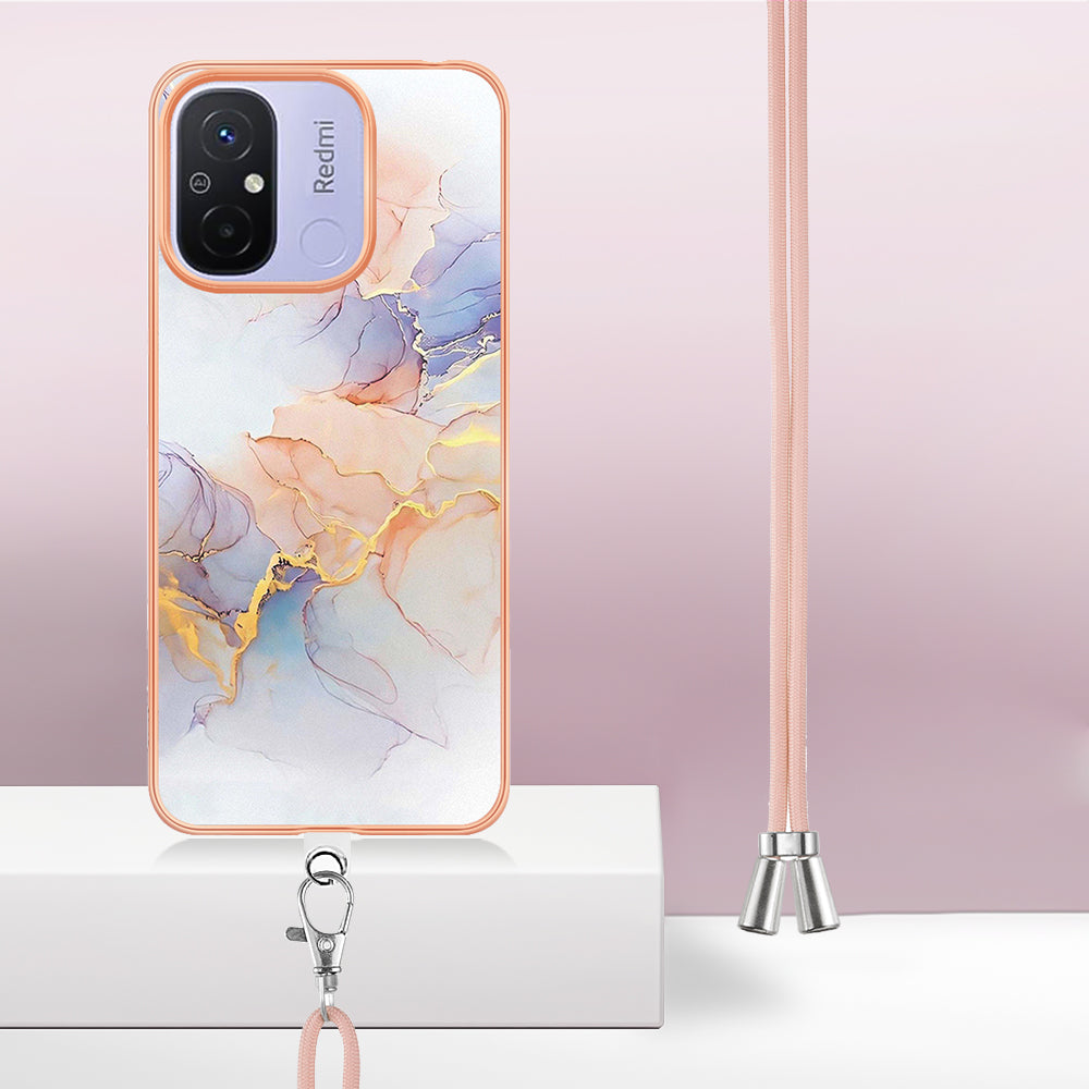 YB IMD Series-4 for Xiaomi Redmi 12C 4G / 11A 4G TPU Cell Phone Case Electroplating Marble Flower Pattern IMD Cover with Lanyard - Milky Way Marble White