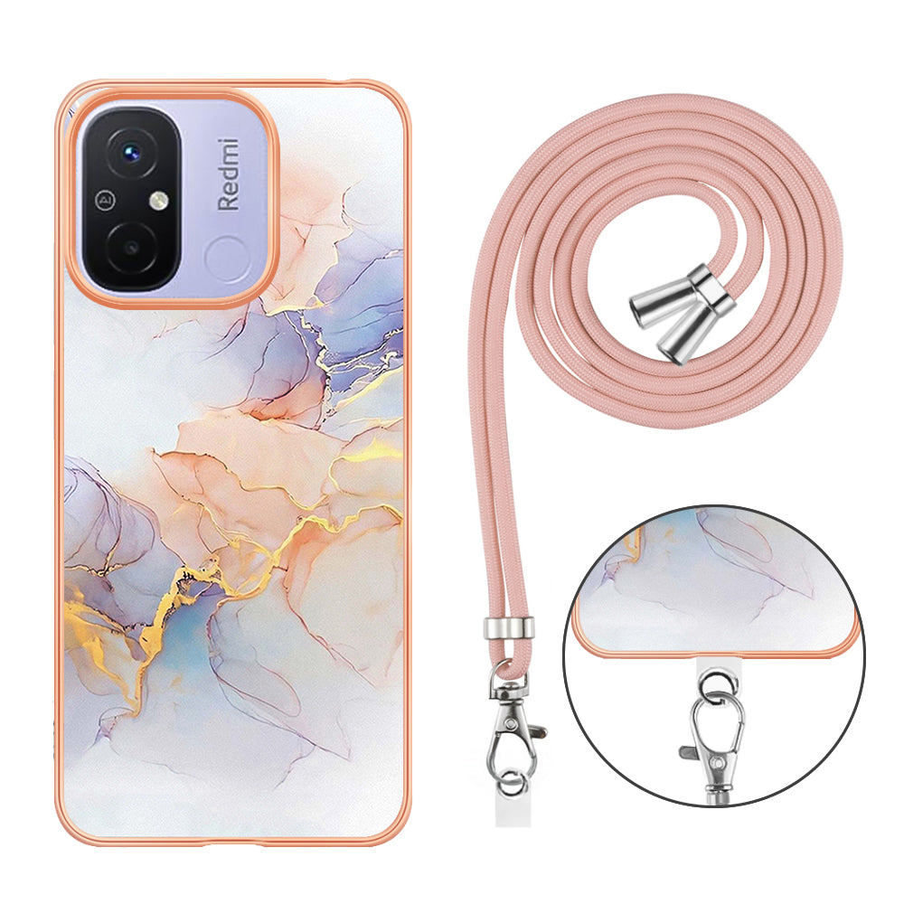 YB IMD Series-4 for Xiaomi Redmi 12C 4G / 11A 4G TPU Cell Phone Case Electroplating Marble Flower Pattern IMD Cover with Lanyard - Milky Way Marble White