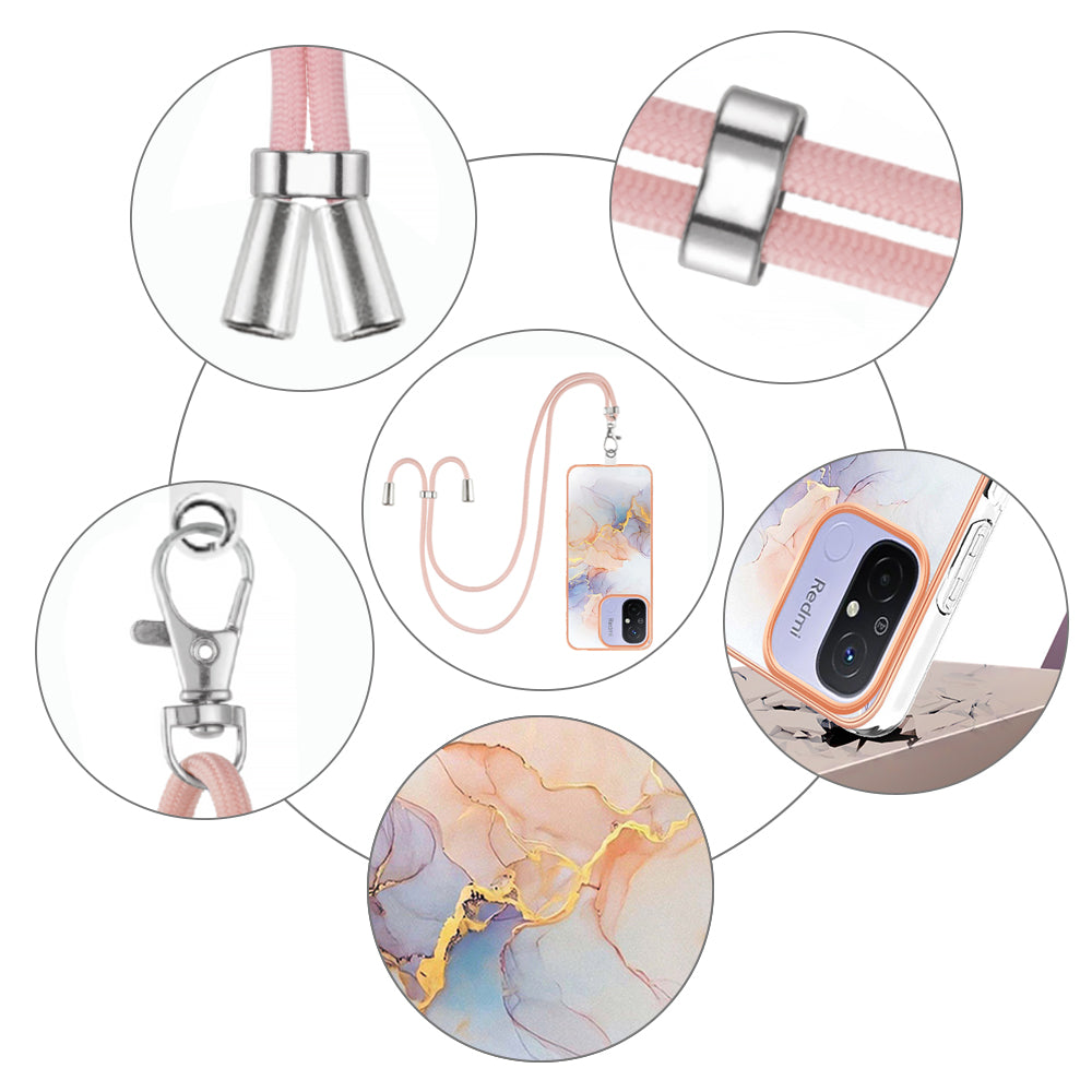 YB IMD Series-4 for Xiaomi Redmi 12C 4G / 11A 4G TPU Cell Phone Case Electroplating Marble Flower Pattern IMD Cover with Lanyard - Milky Way Marble White