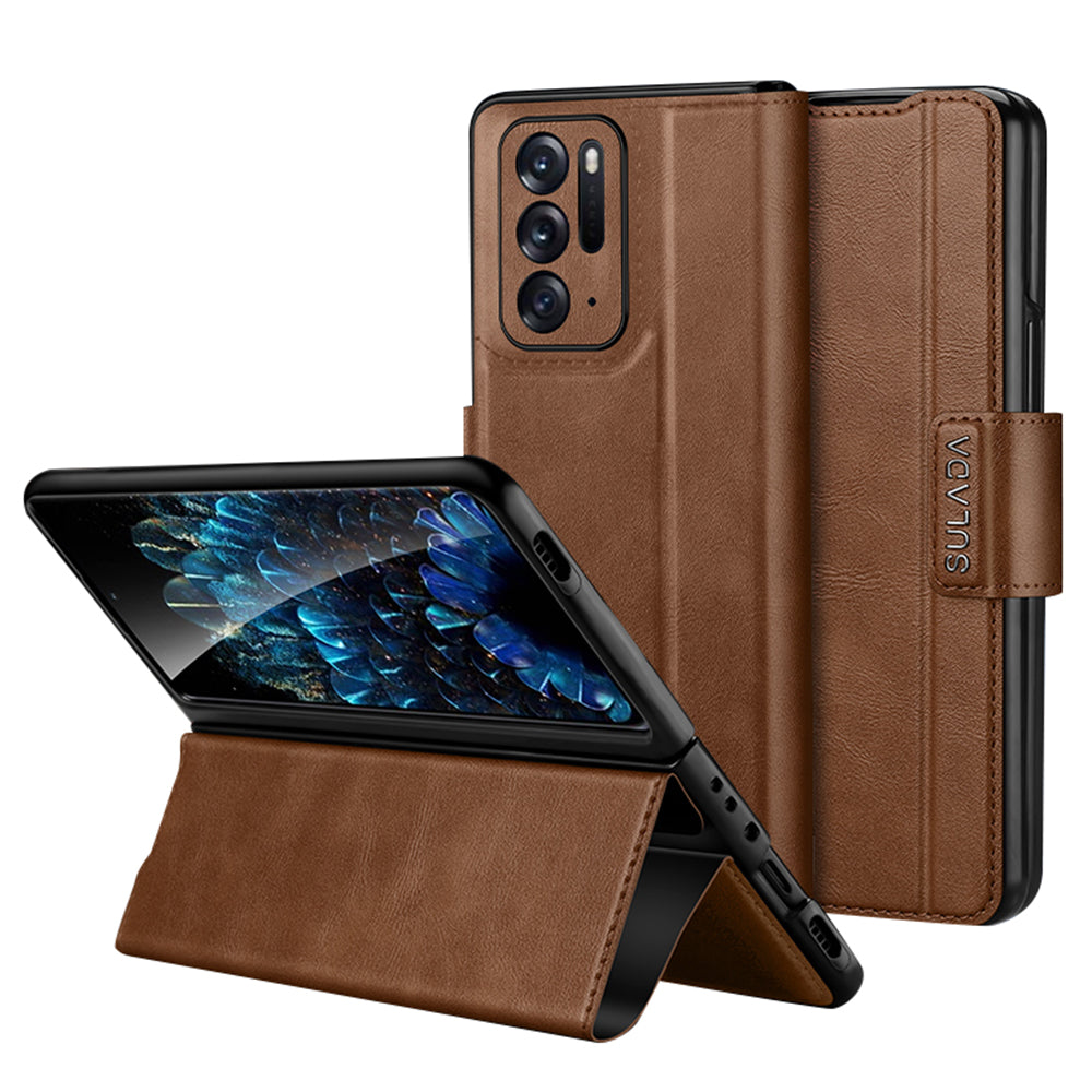 Uniqkart For Oppo Find N Protective Case PU Leather+PC Cover Anti-Drop Stand Phone Case - Brown