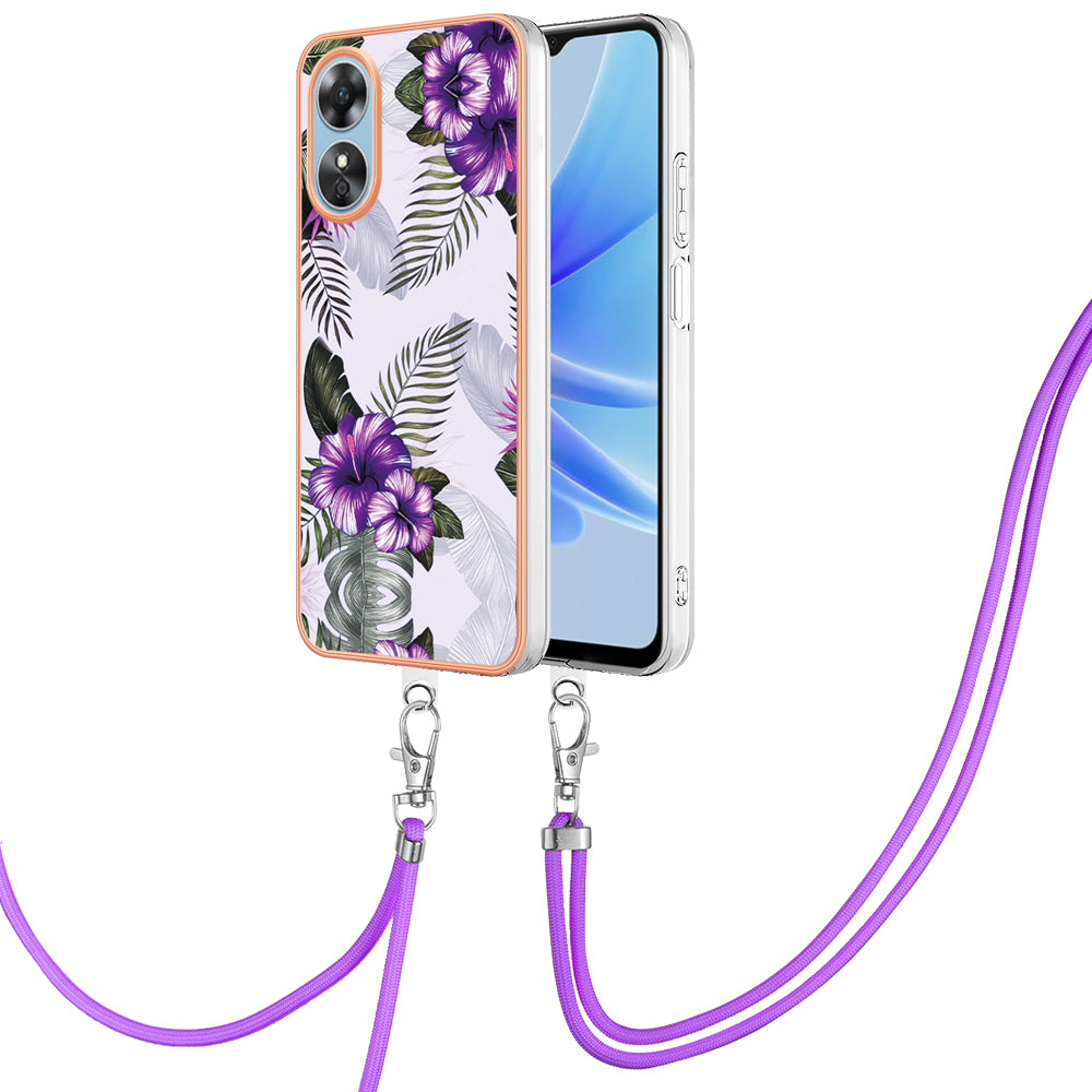 YB IMD Series-4 for Oppo A17 4G Marble Flower Pattern Design Case IMD TPU Electroplating Phone Cover with Lanyard - Purple Flowers
