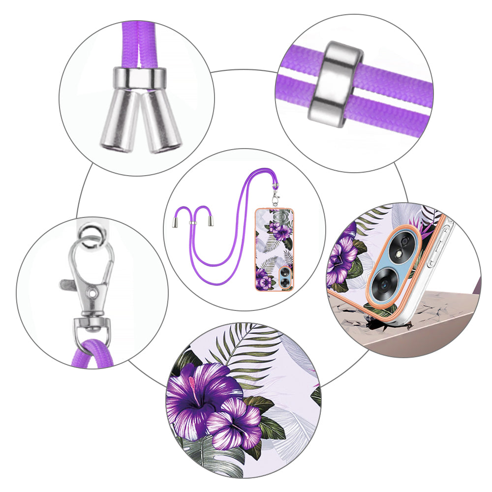 YB IMD Series-4 for Oppo A17 4G Marble Flower Pattern Design Case IMD TPU Electroplating Phone Cover with Lanyard - Purple Flowers