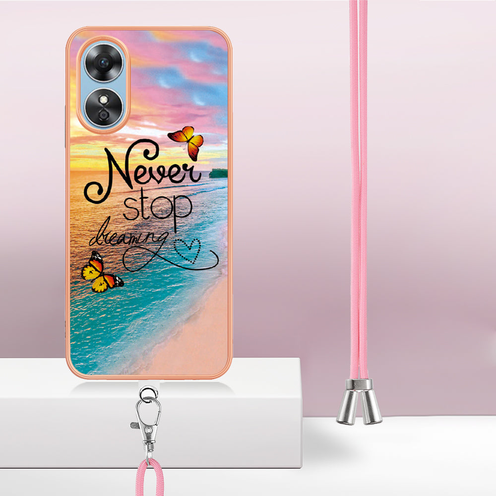 YB IMD Series-4 for Oppo A17 4G Marble Flower Pattern Design Case IMD TPU Electroplating Phone Cover with Lanyard - Never Stop Dreaming