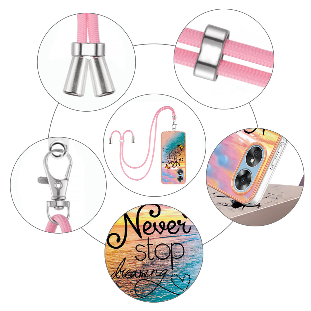 YB IMD Series-4 for Oppo A17 4G Marble Flower Pattern Design Case IMD TPU Electroplating Phone Cover with Lanyard - Never Stop Dreaming