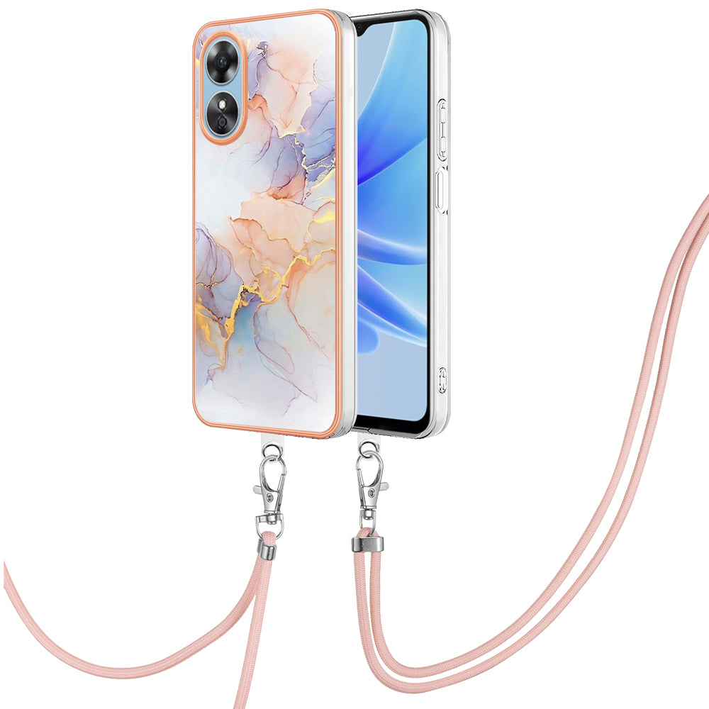 YB IMD Series-4 for Oppo A17 4G Marble Flower Pattern Design Case IMD TPU Electroplating Phone Cover with Lanyard - Milky Way Marble White