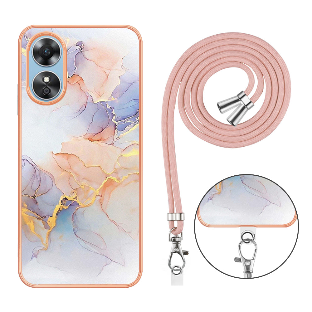 YB IMD Series-4 for Oppo A17 4G Marble Flower Pattern Design Case IMD TPU Electroplating Phone Cover with Lanyard - Milky Way Marble White