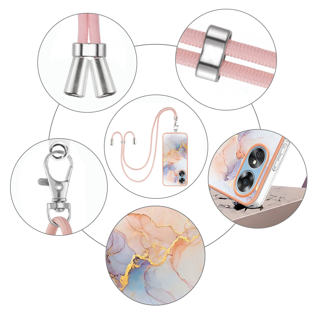 YB IMD Series-4 for Oppo A17 4G Marble Flower Pattern Design Case IMD TPU Electroplating Phone Cover with Lanyard - Milky Way Marble White