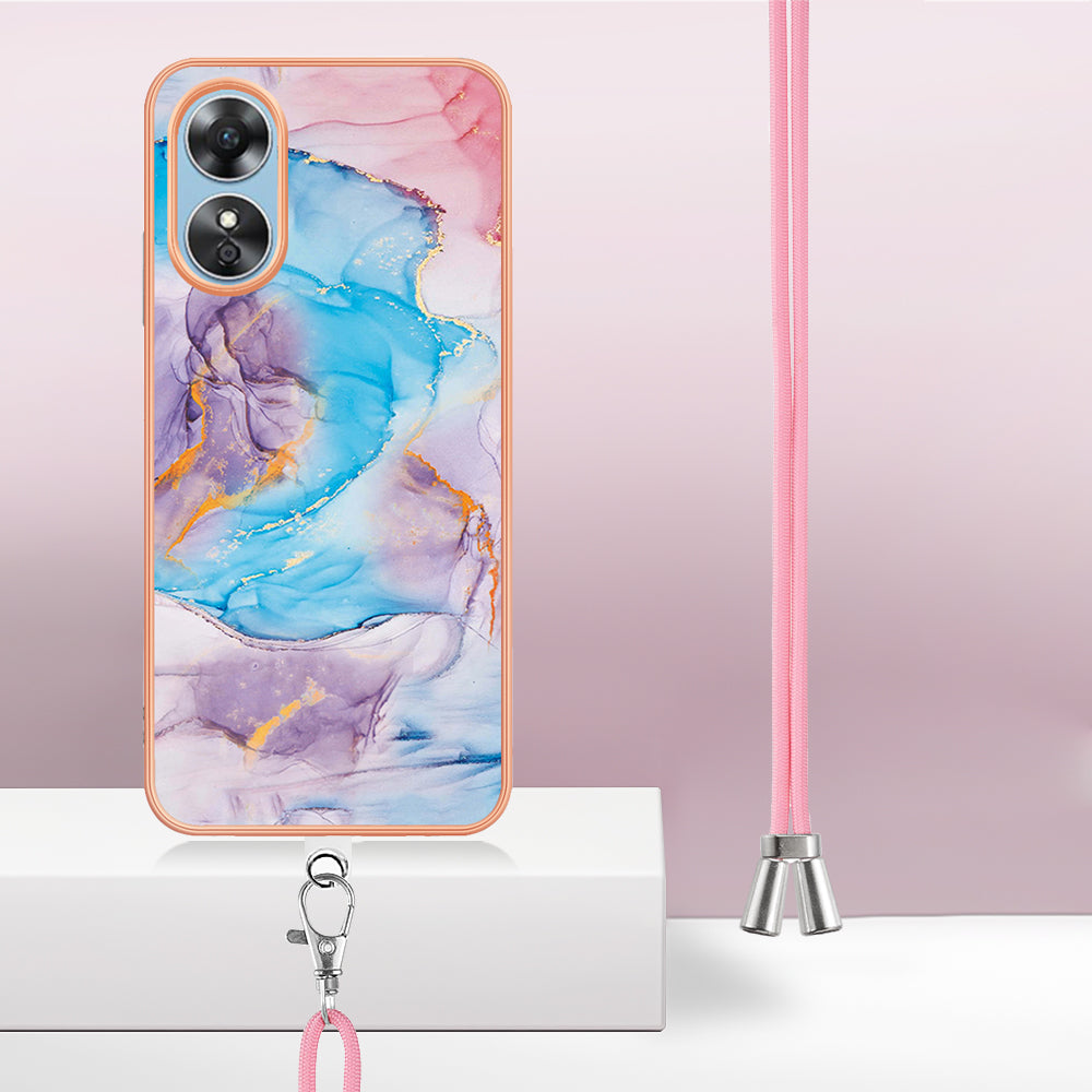 YB IMD Series-4 for Oppo A17 4G Marble Flower Pattern Design Case IMD TPU Electroplating Phone Cover with Lanyard - Milky Way Marble Blue