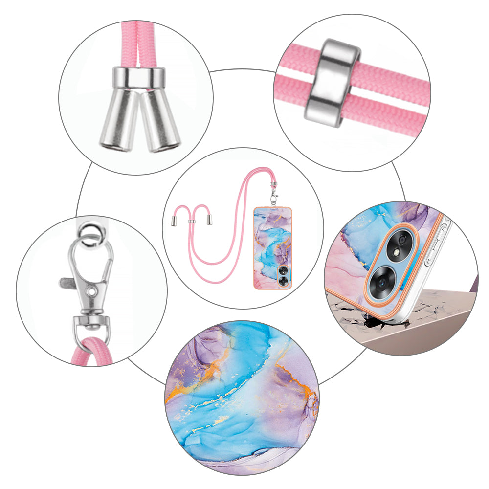 YB IMD Series-4 for Oppo A17 4G Marble Flower Pattern Design Case IMD TPU Electroplating Phone Cover with Lanyard - Milky Way Marble Blue