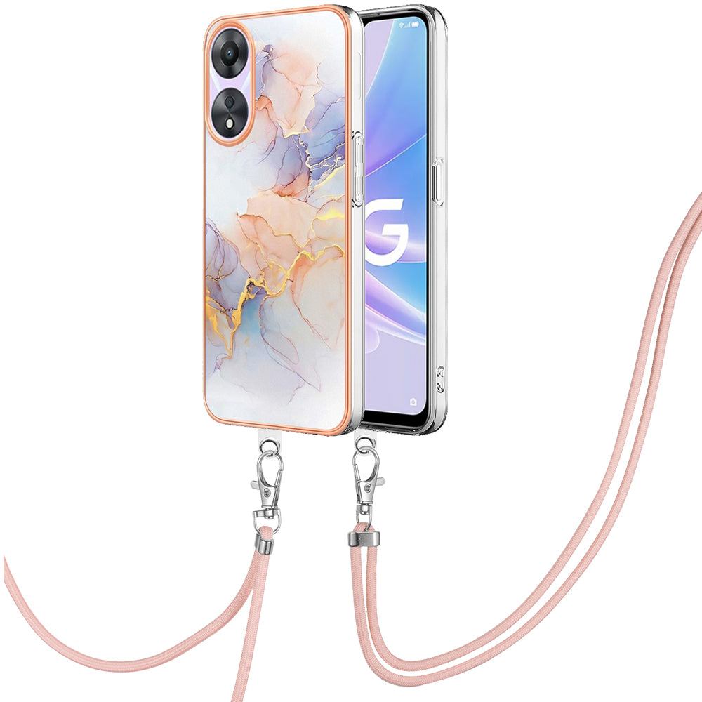 YB IMD Series-4 for Oppo A78 5G / A58 5G Electroplating TPU Cover IMD Marble Flower Pattern Phone Case with Lanyard - Milky Way Marble White
