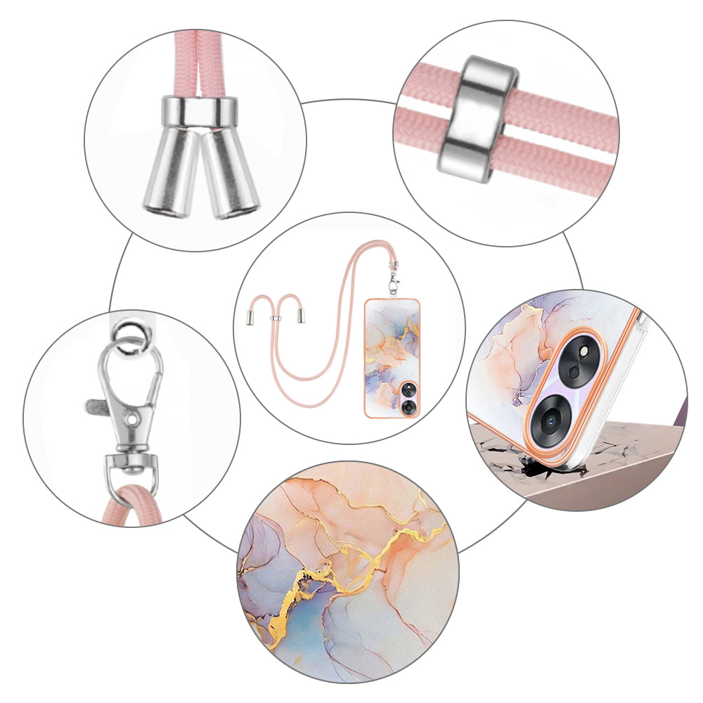 YB IMD Series-4 for Oppo A78 5G / A58 5G Electroplating TPU Cover IMD Marble Flower Pattern Phone Case with Lanyard - Milky Way Marble White