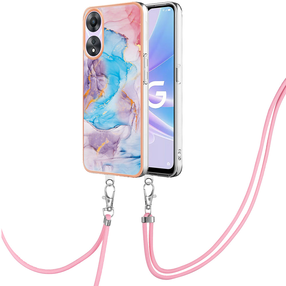 YB IMD Series-4 for Oppo A78 5G / A58 5G Electroplating TPU Cover IMD Marble Flower Pattern Phone Case with Lanyard - Milky Way Marble Blue