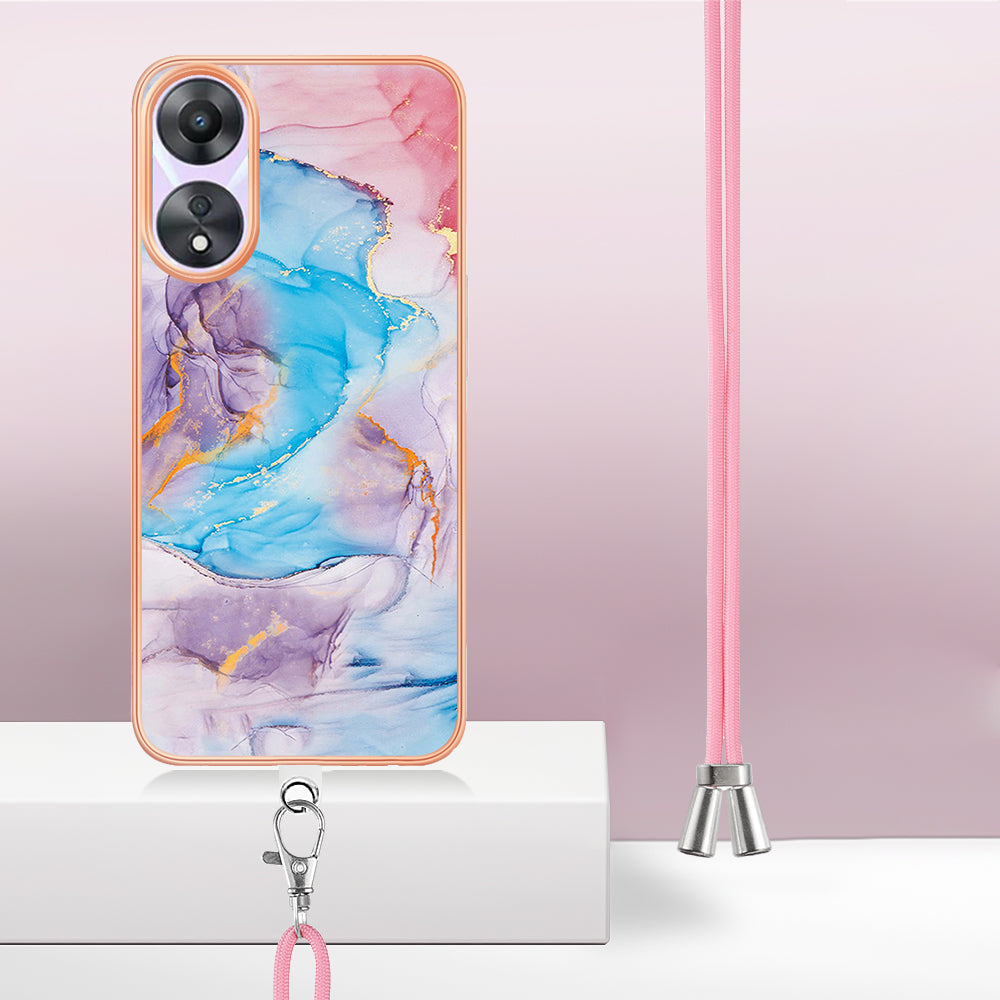 YB IMD Series-4 for Oppo A78 5G / A58 5G Electroplating TPU Cover IMD Marble Flower Pattern Phone Case with Lanyard - Milky Way Marble Blue