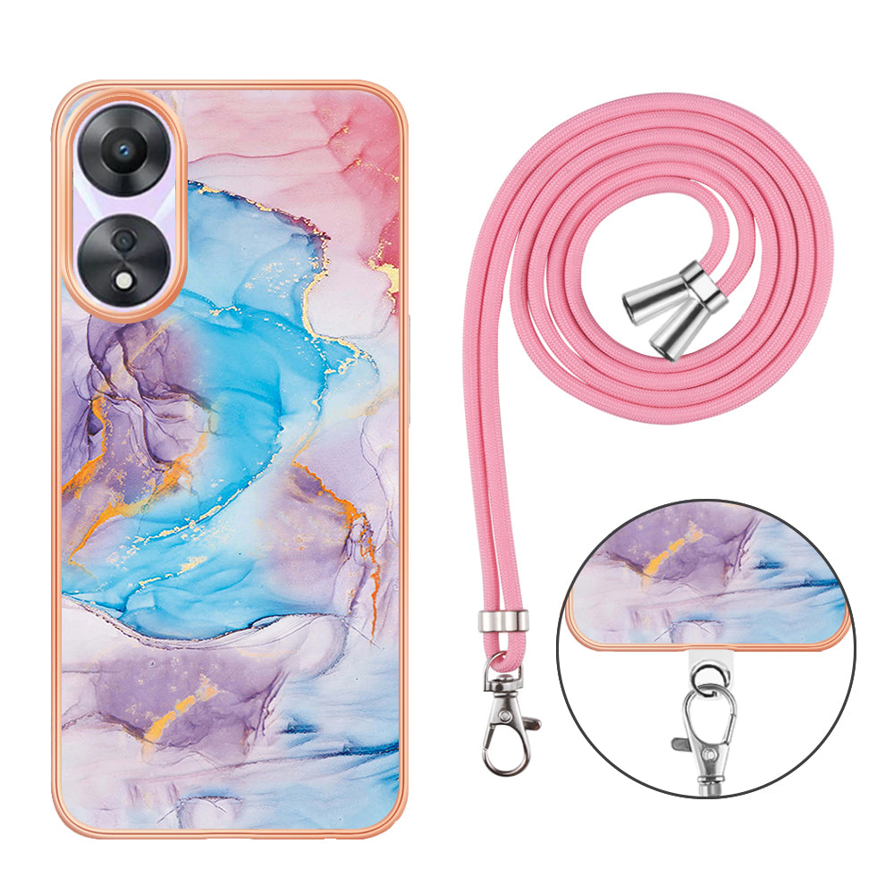 YB IMD Series-4 for Oppo A78 5G / A58 5G Electroplating TPU Cover IMD Marble Flower Pattern Phone Case with Lanyard - Milky Way Marble Blue