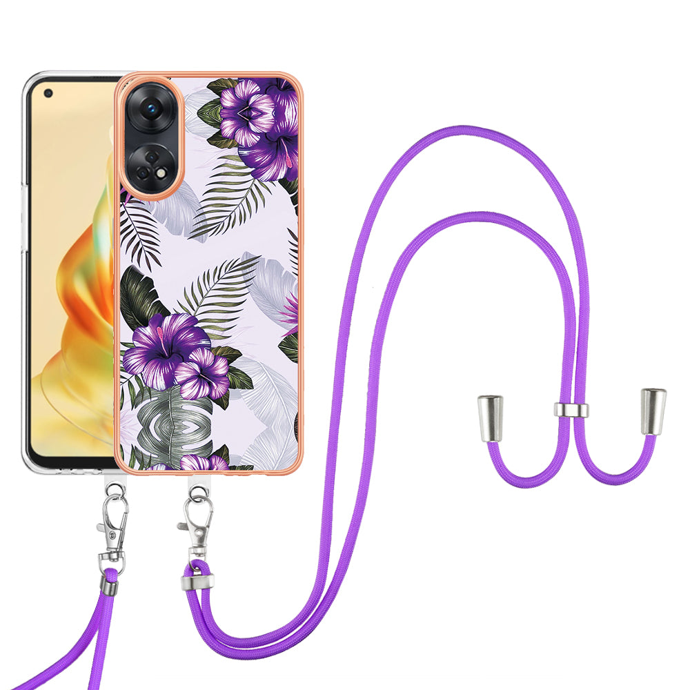 YB IMD Series-4 for Oppo Reno8 T 4G Flexible TPU Cover Electroplating Marble Flower Pattern IMD Phone Case with Lanyard - Purple Flowers