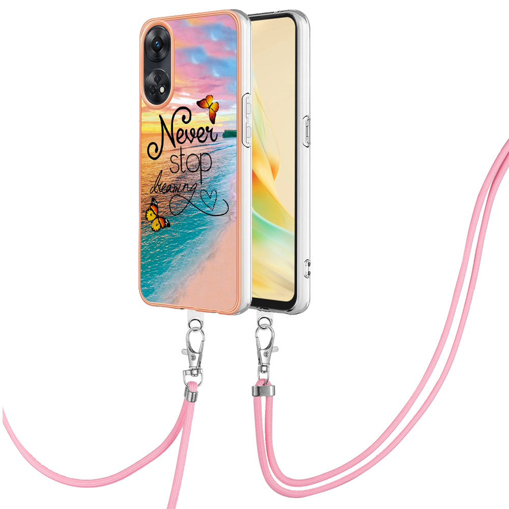 YB IMD Series-4 for Oppo Reno8 T 4G Flexible TPU Cover Electroplating Marble Flower Pattern IMD Phone Case with Lanyard - Never Stop Dreaming