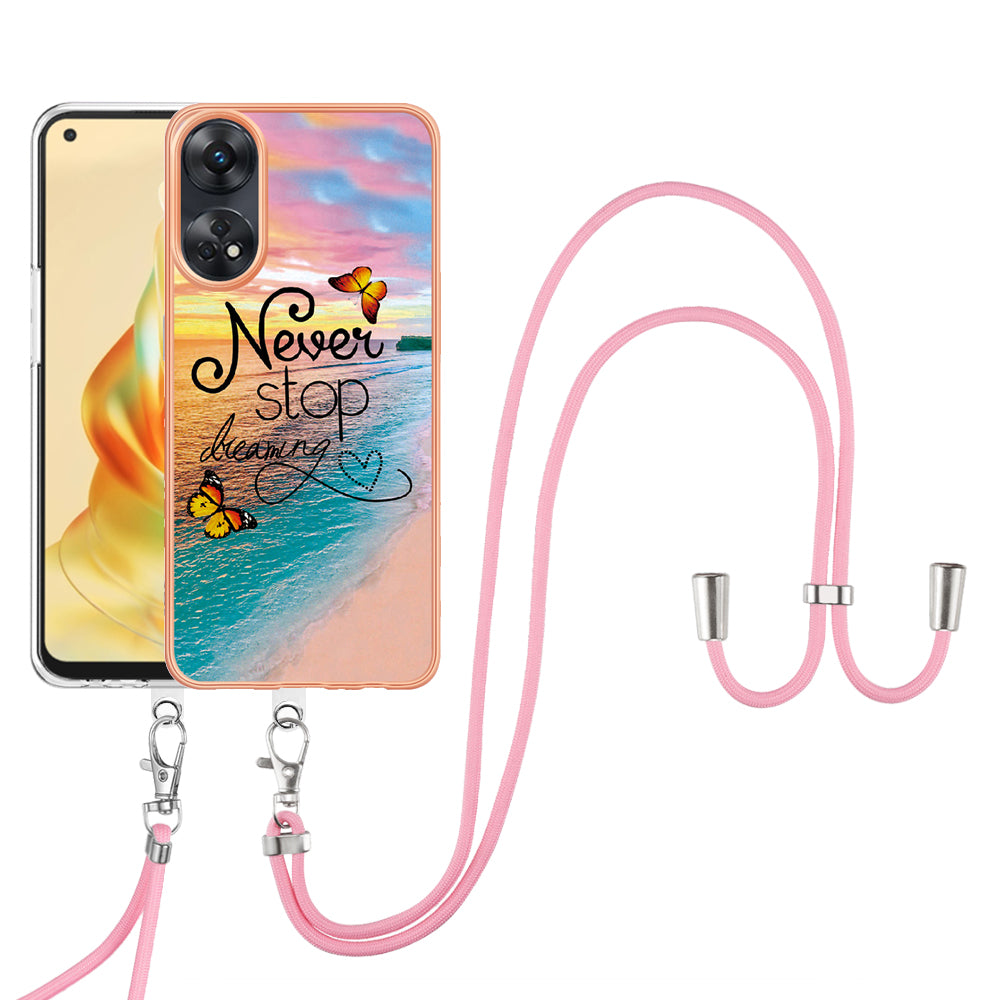 YB IMD Series-4 for Oppo Reno8 T 4G Flexible TPU Cover Electroplating Marble Flower Pattern IMD Phone Case with Lanyard - Never Stop Dreaming