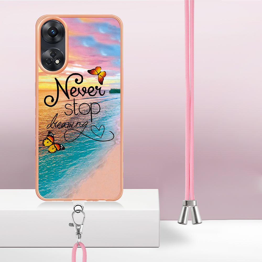 YB IMD Series-4 for Oppo Reno8 T 4G Flexible TPU Cover Electroplating Marble Flower Pattern IMD Phone Case with Lanyard - Never Stop Dreaming