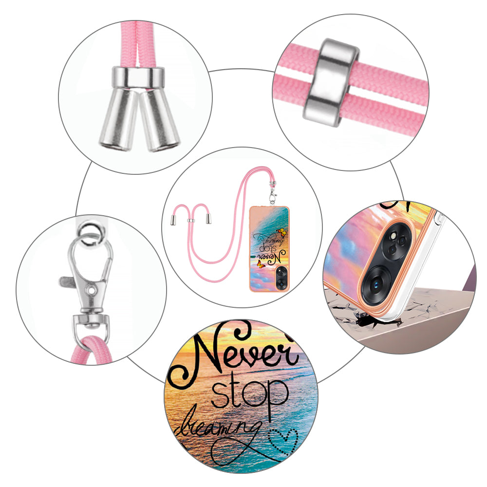 YB IMD Series-4 for Oppo Reno8 T 4G Flexible TPU Cover Electroplating Marble Flower Pattern IMD Phone Case with Lanyard - Never Stop Dreaming