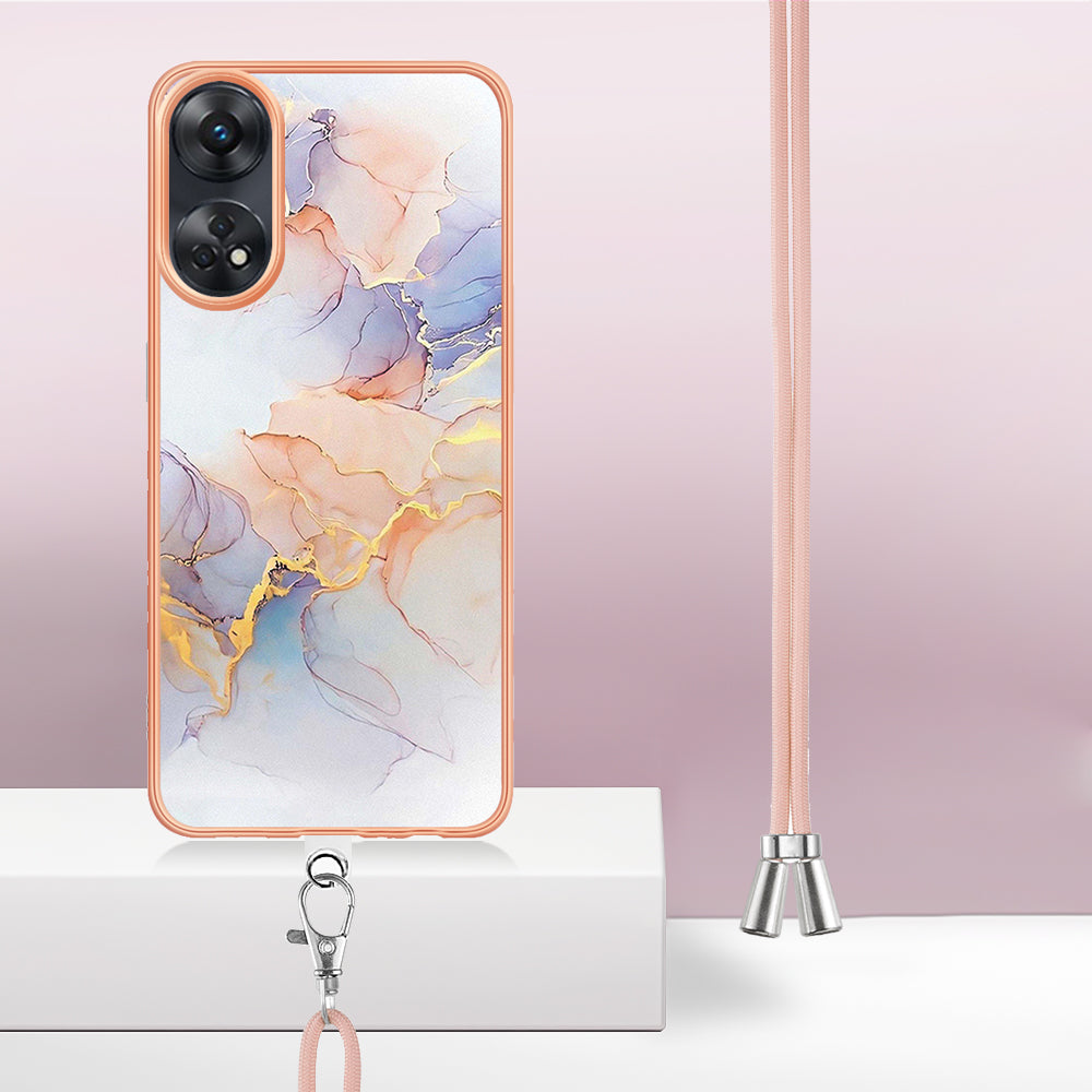 YB IMD Series-4 for Oppo Reno8 T 4G Flexible TPU Cover Electroplating Marble Flower Pattern IMD Phone Case with Lanyard - Milky Way Marble White