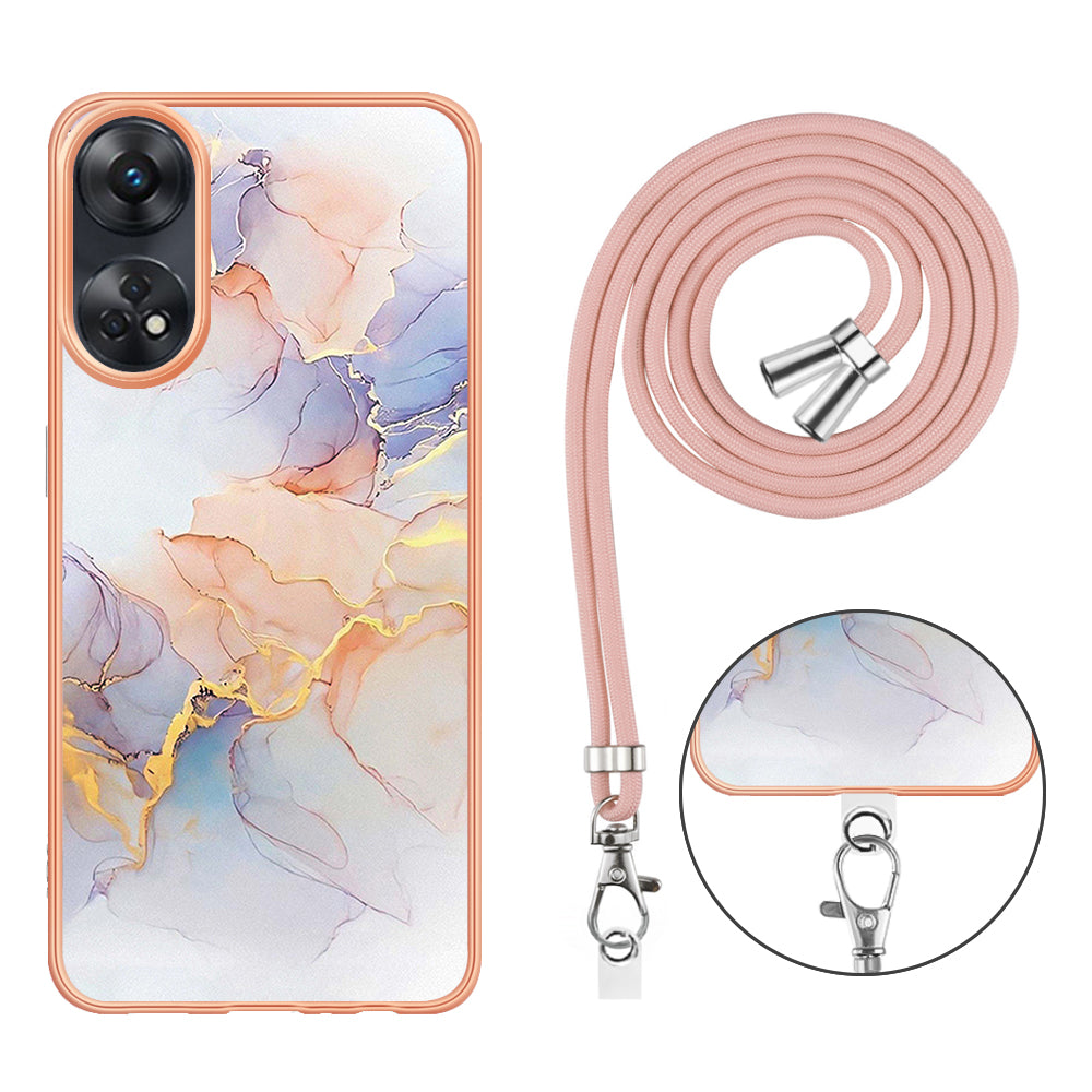 YB IMD Series-4 for Oppo Reno8 T 4G Flexible TPU Cover Electroplating Marble Flower Pattern IMD Phone Case with Lanyard - Milky Way Marble White