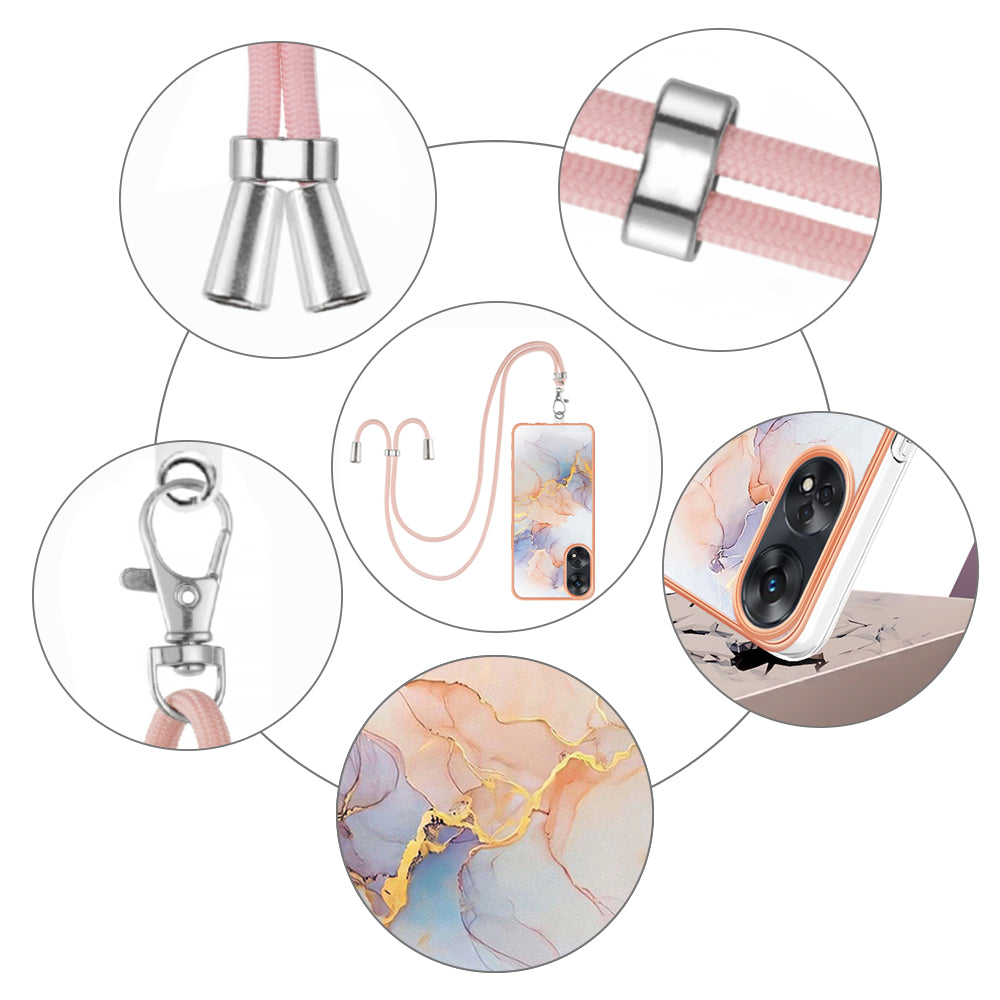 YB IMD Series-4 for Oppo Reno8 T 4G Flexible TPU Cover Electroplating Marble Flower Pattern IMD Phone Case with Lanyard - Milky Way Marble White