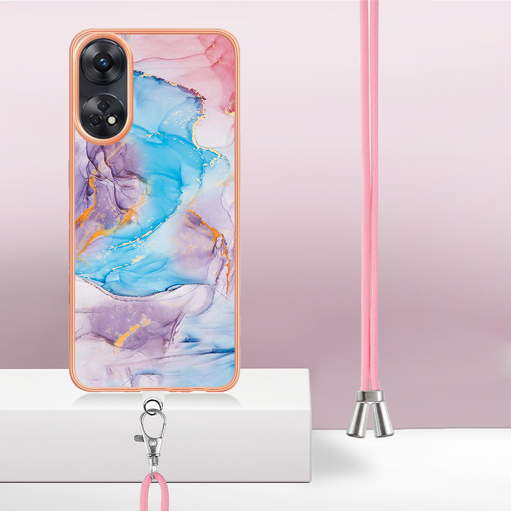 YB IMD Series-4 for Oppo Reno8 T 4G Flexible TPU Cover Electroplating Marble Flower Pattern IMD Phone Case with Lanyard - Milky Way Marble Blue