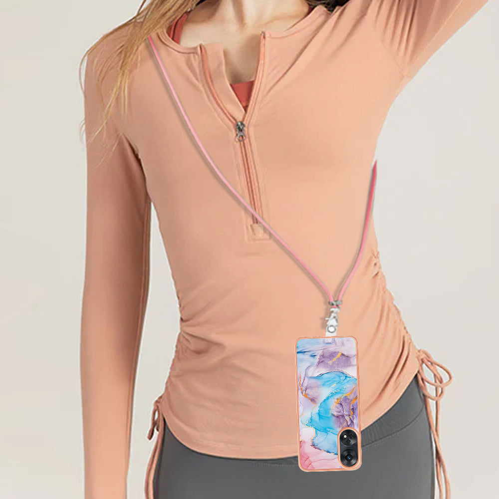 YB IMD Series-4 for Oppo Reno8 T 4G Flexible TPU Cover Electroplating Marble Flower Pattern IMD Phone Case with Lanyard - Milky Way Marble Blue