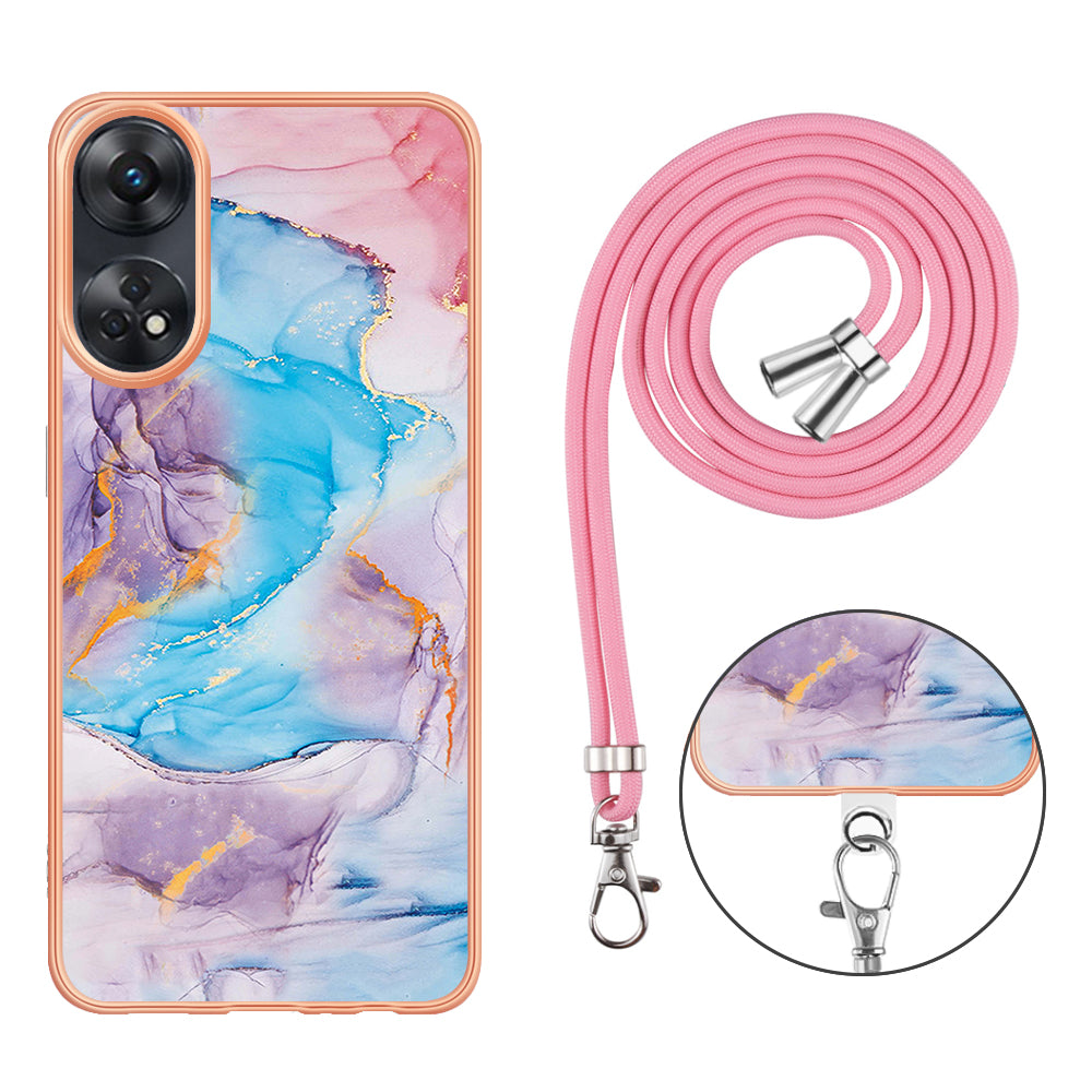 YB IMD Series-4 for Oppo Reno8 T 4G Flexible TPU Cover Electroplating Marble Flower Pattern IMD Phone Case with Lanyard - Milky Way Marble Blue