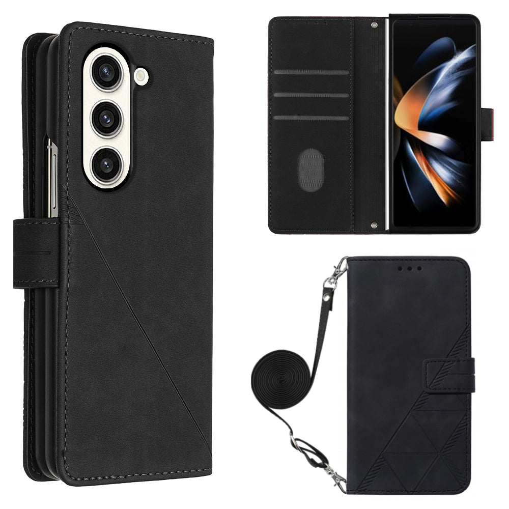 YB Imprinting Series-2 for Samsung Galaxy Z Fold5 5G Phone Stand Cover Imprinting Lines Leather Wallet Case with Shoulder Strap - Black