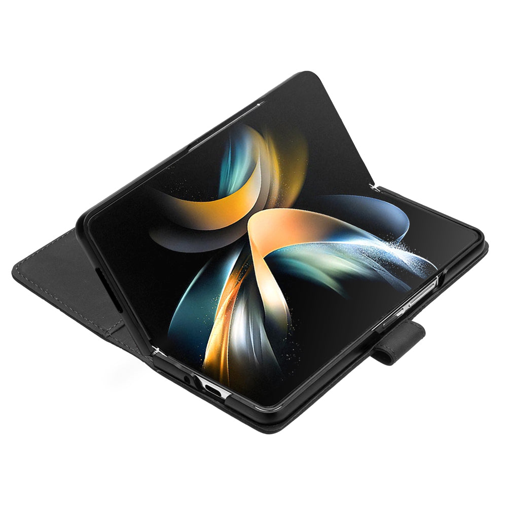 YB Imprinting Series-2 for Samsung Galaxy Z Fold5 5G Phone Stand Cover Imprinting Lines Leather Wallet Case with Shoulder Strap - Black