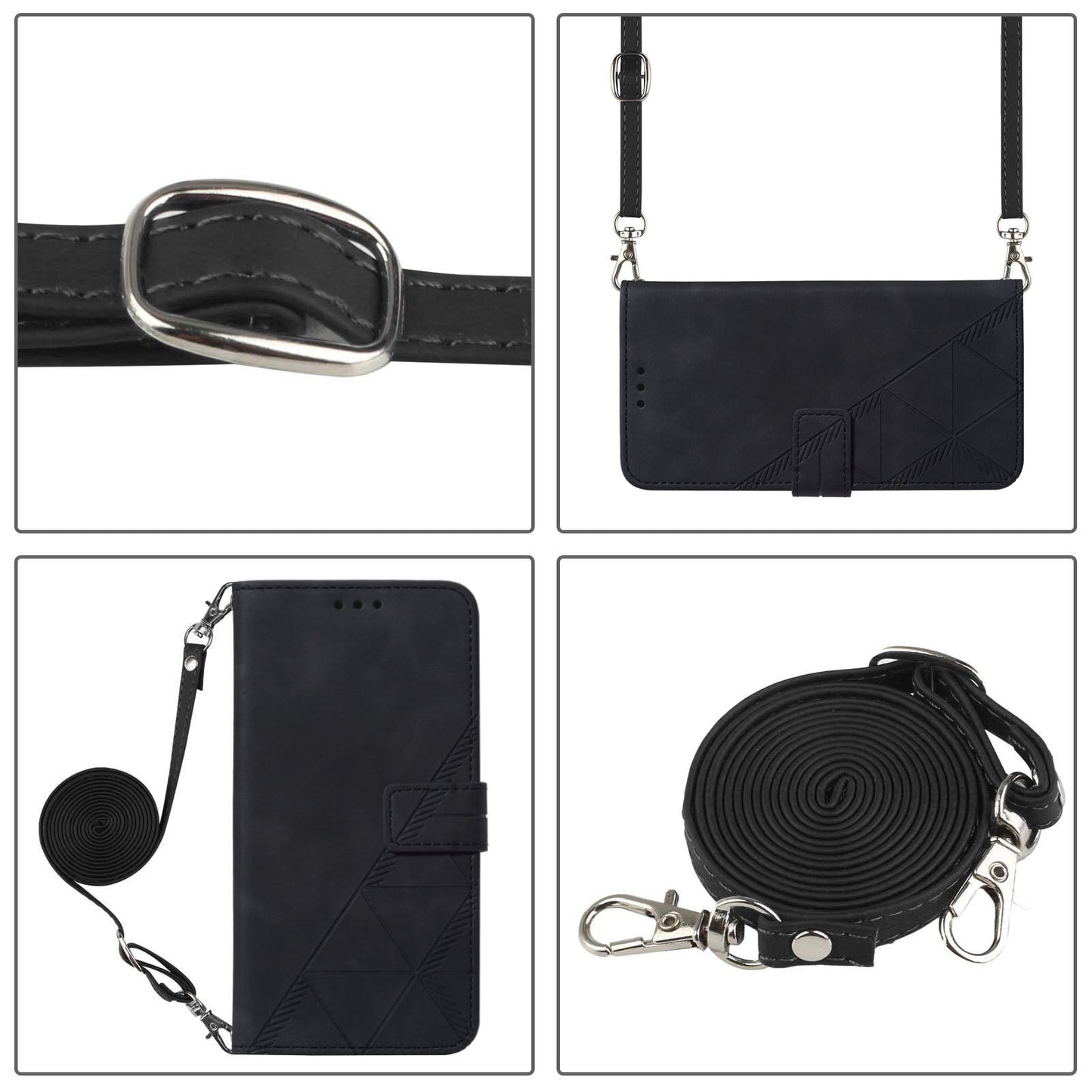 YB Imprinting Series-2 for Samsung Galaxy Z Fold5 5G Phone Stand Cover Imprinting Lines Leather Wallet Case with Shoulder Strap - Black
