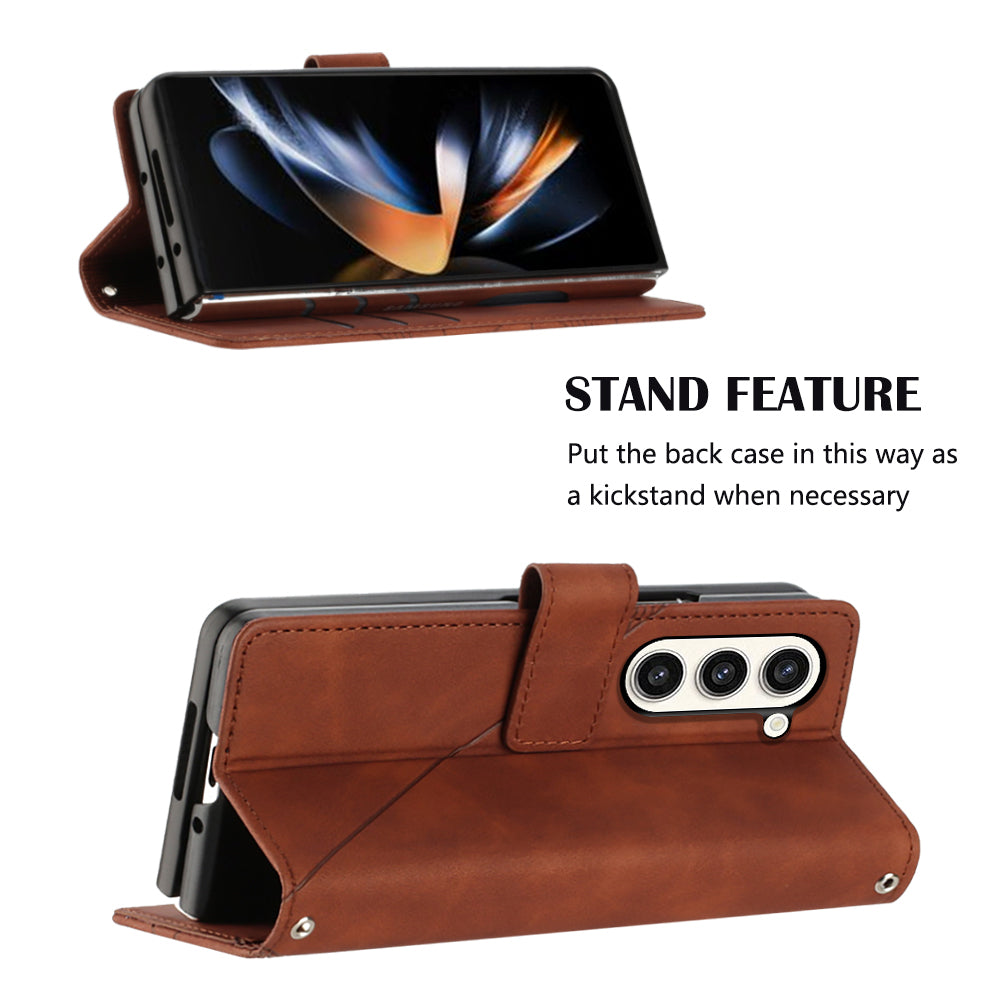 YB Imprinting Series-2 for Samsung Galaxy Z Fold5 5G Phone Stand Cover Imprinting Lines Leather Wallet Case with Shoulder Strap - Brown
