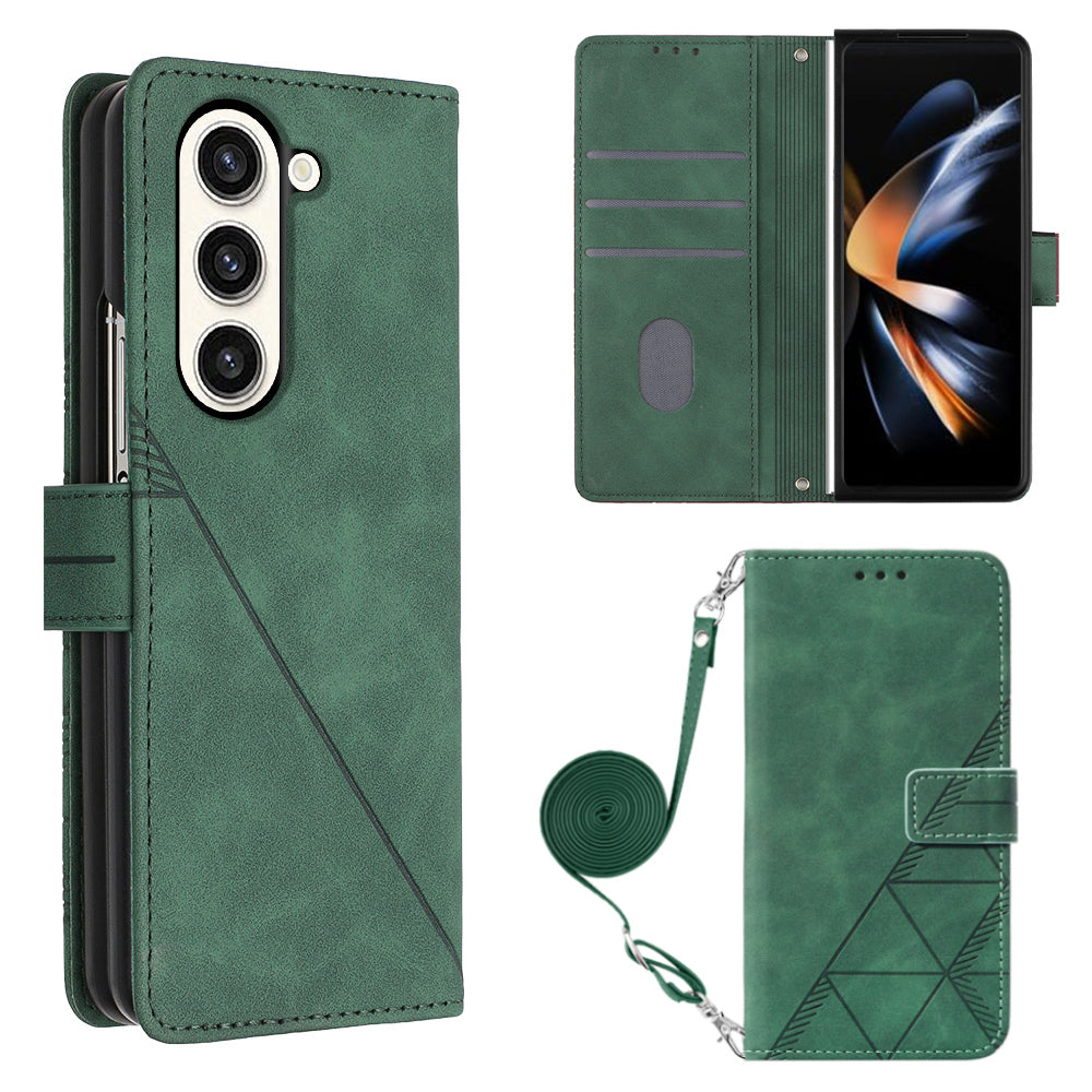 YB Imprinting Series-2 for Samsung Galaxy Z Fold5 5G Phone Stand Cover Imprinting Lines Leather Wallet Case with Shoulder Strap - Blackish Green