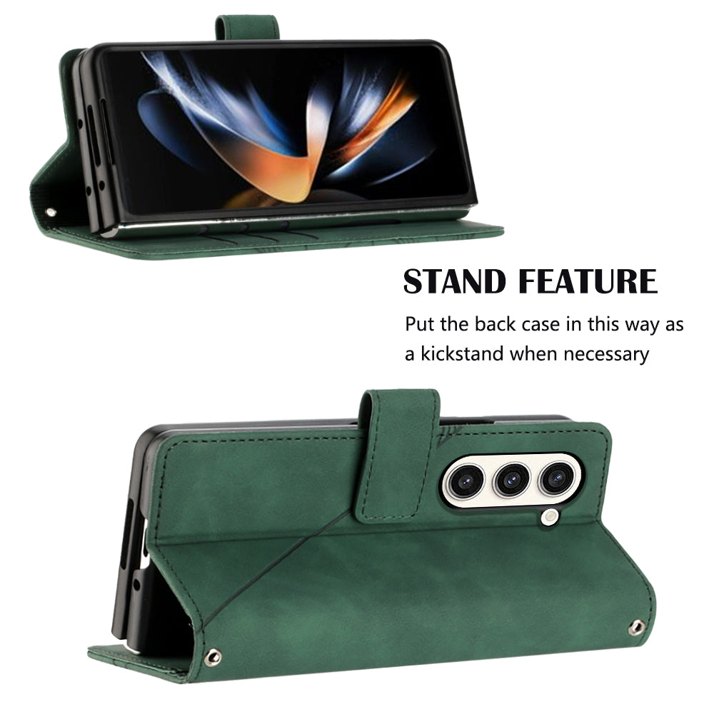 YB Imprinting Series-2 for Samsung Galaxy Z Fold5 5G Phone Stand Cover Imprinting Lines Leather Wallet Case with Shoulder Strap - Blackish Green