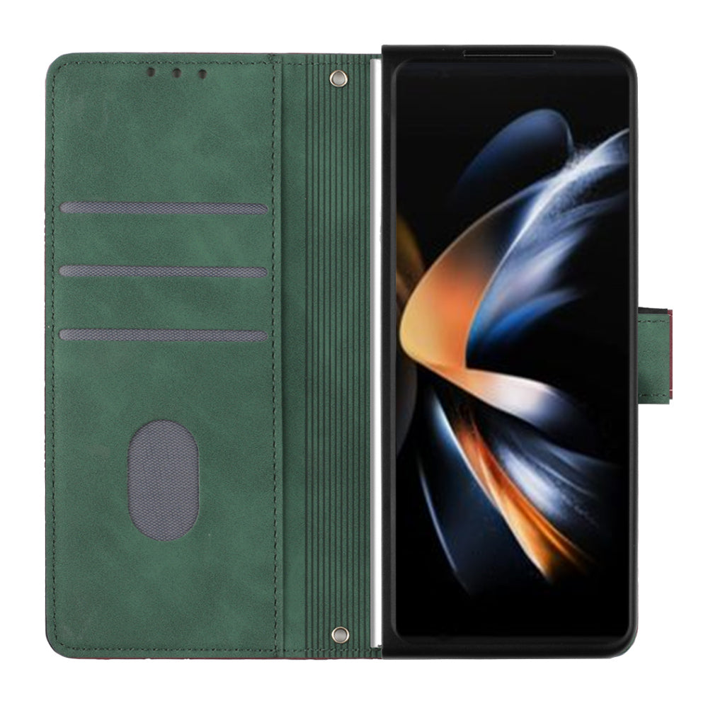 YB Imprinting Series-2 for Samsung Galaxy Z Fold5 5G Phone Stand Cover Imprinting Lines Leather Wallet Case with Shoulder Strap - Blackish Green