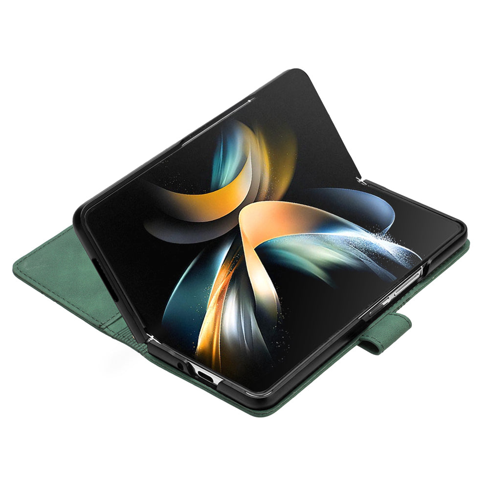 YB Imprinting Series-2 for Samsung Galaxy Z Fold5 5G Phone Stand Cover Imprinting Lines Leather Wallet Case with Shoulder Strap - Blackish Green