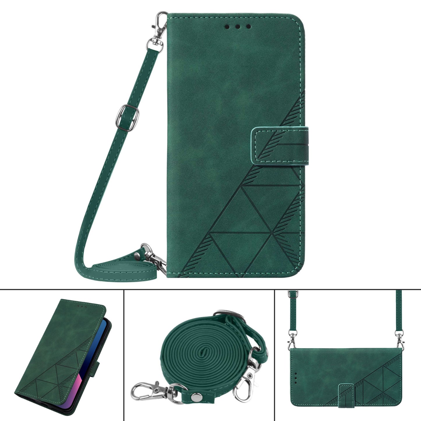 YB Imprinting Series-2 for Samsung Galaxy Z Fold5 5G Phone Stand Cover Imprinting Lines Leather Wallet Case with Shoulder Strap - Blackish Green