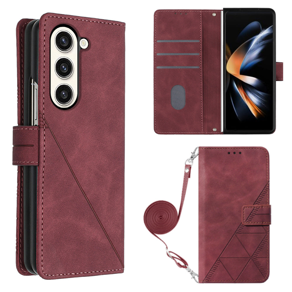 YB Imprinting Series-2 for Samsung Galaxy Z Fold5 5G Phone Stand Cover Imprinting Lines Leather Wallet Case with Shoulder Strap - Wine Red