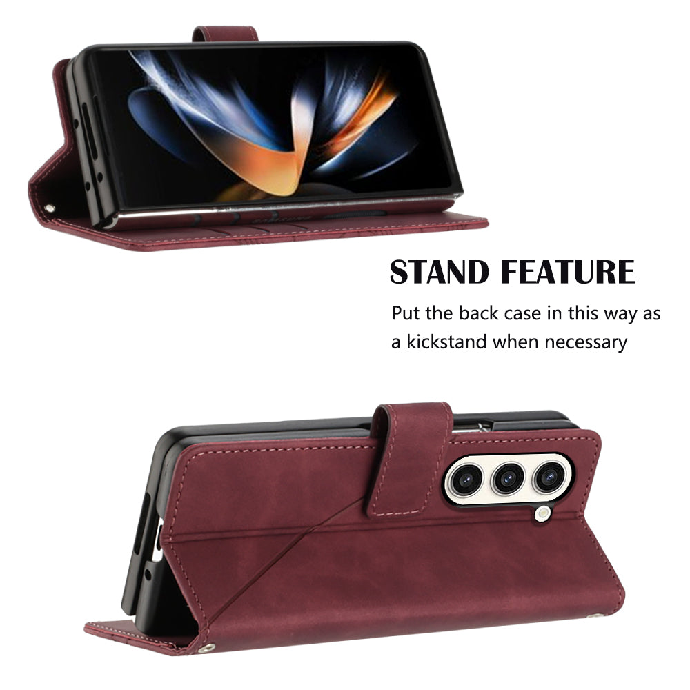 YB Imprinting Series-2 for Samsung Galaxy Z Fold5 5G Phone Stand Cover Imprinting Lines Leather Wallet Case with Shoulder Strap - Wine Red