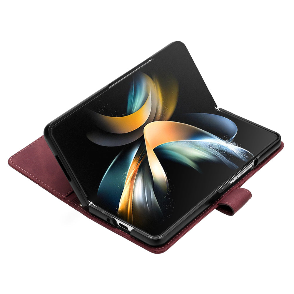 YB Imprinting Series-2 for Samsung Galaxy Z Fold5 5G Phone Stand Cover Imprinting Lines Leather Wallet Case with Shoulder Strap - Wine Red