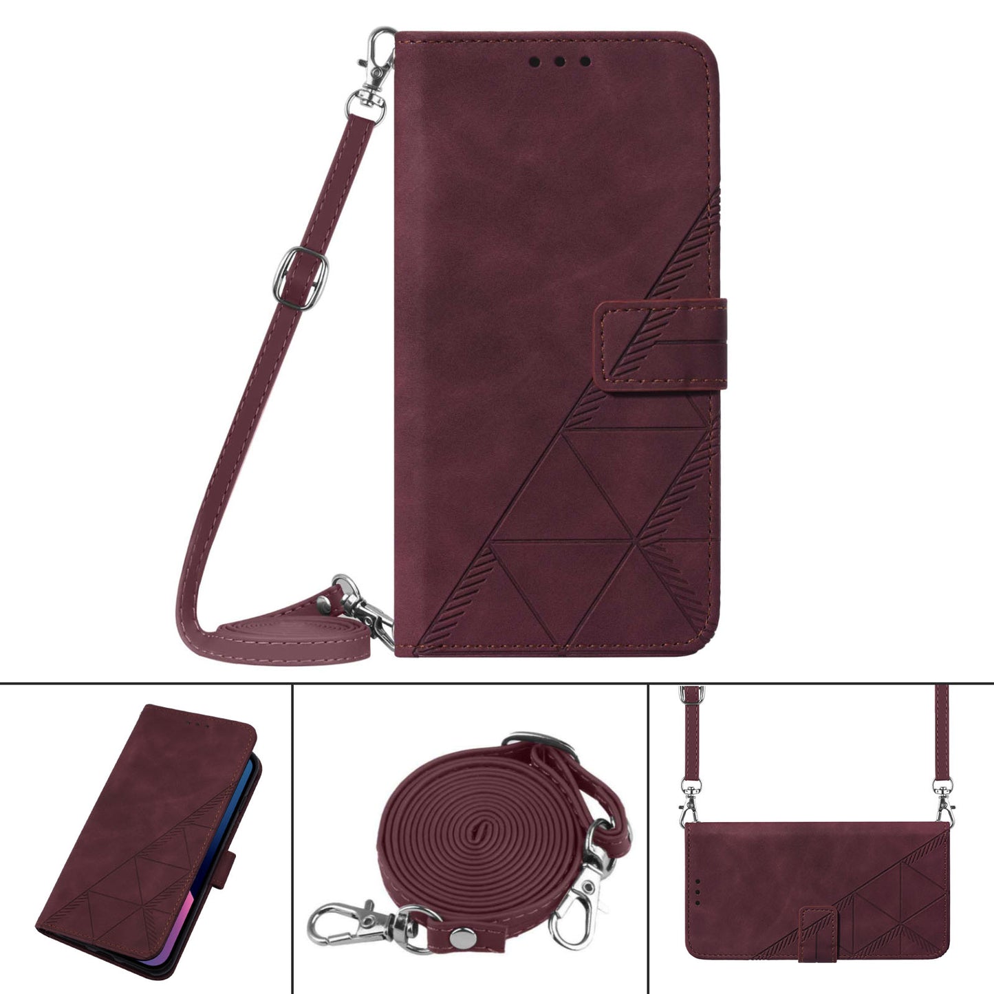 YB Imprinting Series-2 for Samsung Galaxy Z Fold5 5G Phone Stand Cover Imprinting Lines Leather Wallet Case with Shoulder Strap - Wine Red