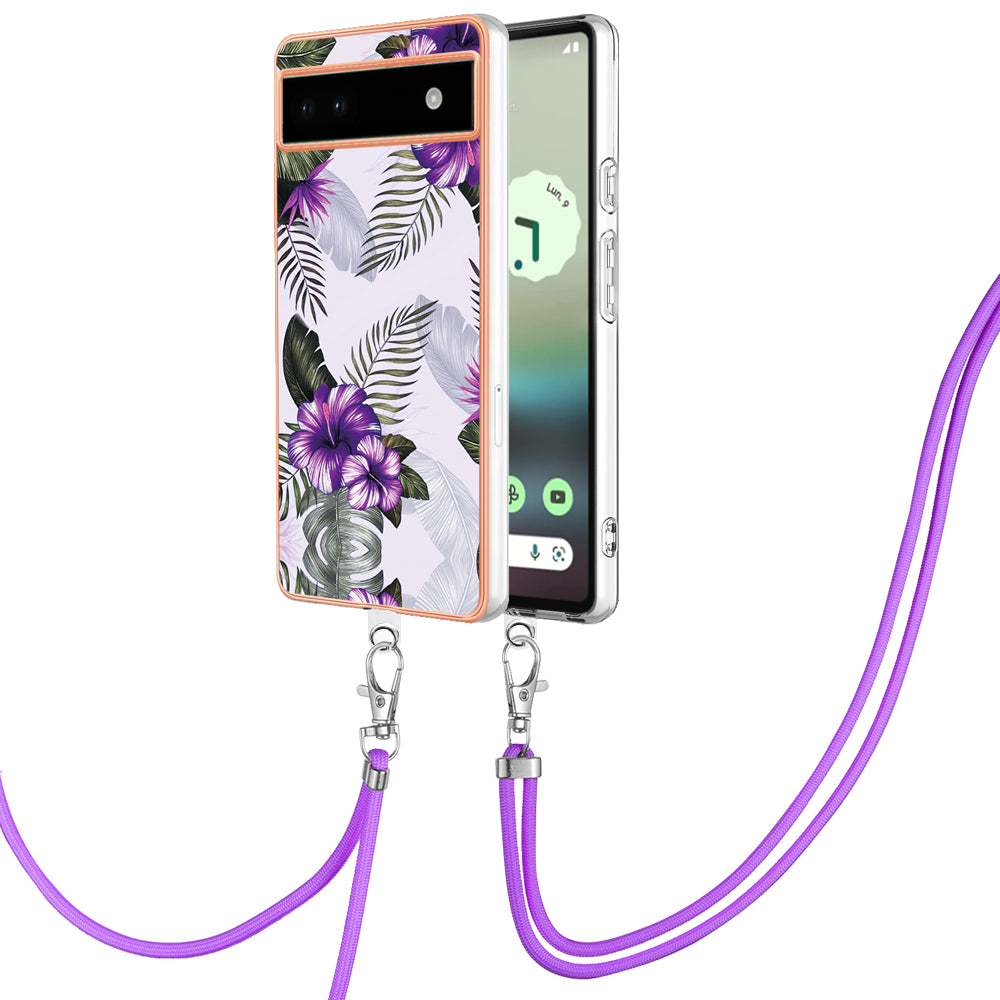 YB IMD Series-4 for Google Pixel 6a Thin TPU Case Electroplating Marble Flower Pattern IMD Phone Cover with Lanyard - Purple Flowers