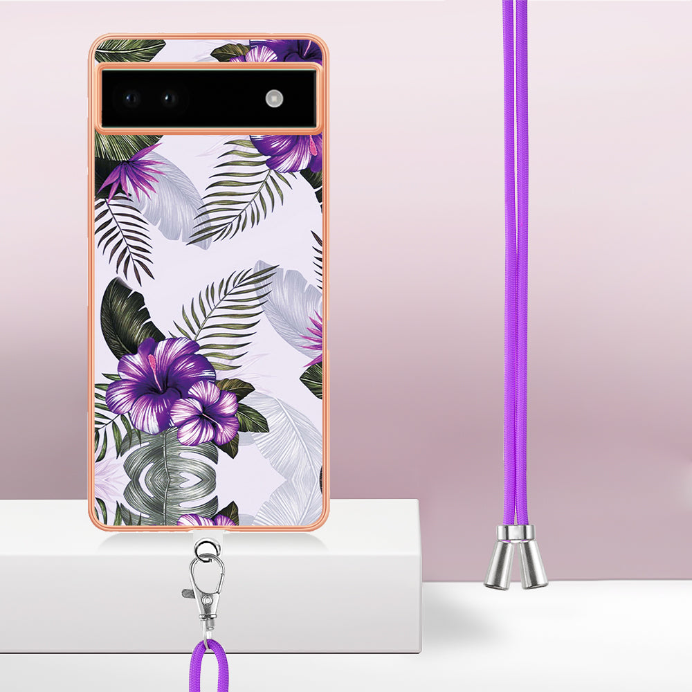 YB IMD Series-4 for Google Pixel 6a Thin TPU Case Electroplating Marble Flower Pattern IMD Phone Cover with Lanyard - Purple Flowers