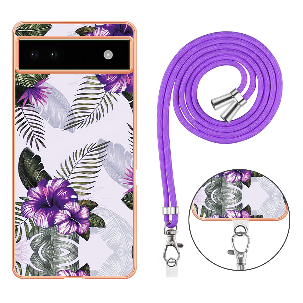 YB IMD Series-4 for Google Pixel 6a Thin TPU Case Electroplating Marble Flower Pattern IMD Phone Cover with Lanyard - Purple Flowers