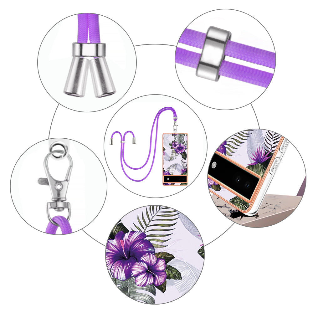 YB IMD Series-4 for Google Pixel 6a Thin TPU Case Electroplating Marble Flower Pattern IMD Phone Cover with Lanyard - Purple Flowers